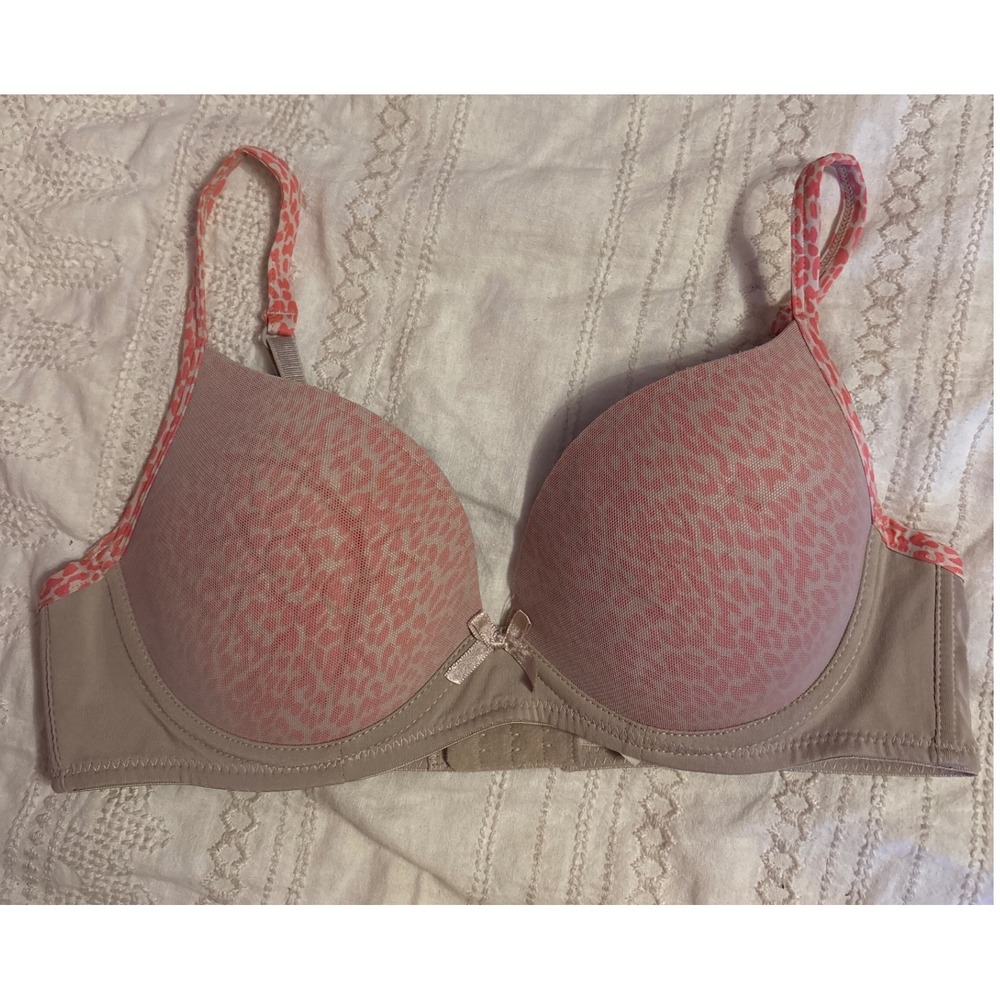Izod Beige & Pink Animal Print Lightly‎ Lined Underwire Bra, Size 34B